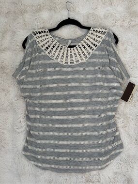 Loveappella Gray & Cream Striped Crochet Yoke Sleeveless Top